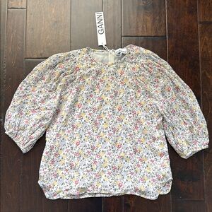 NWT Ganni Multicolor Floral Puff Sleeve Top